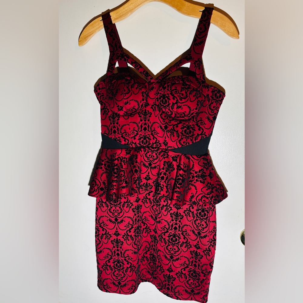 Material Girl Red Black Damask Peplum Dress Size M